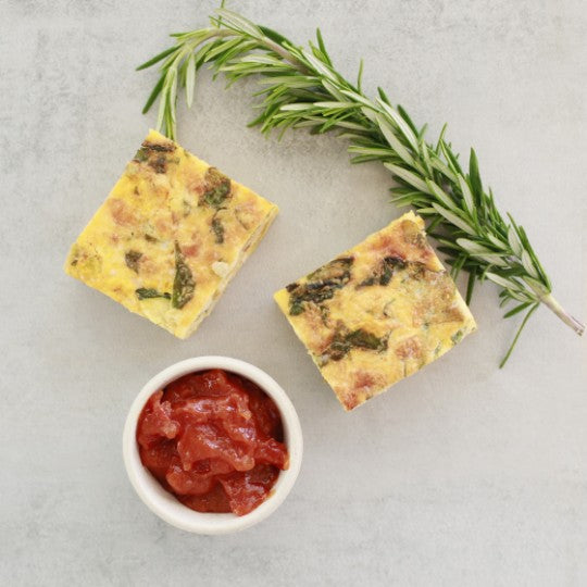 Seasonal roast vegetable frittata, tomato chutney df, nga, v