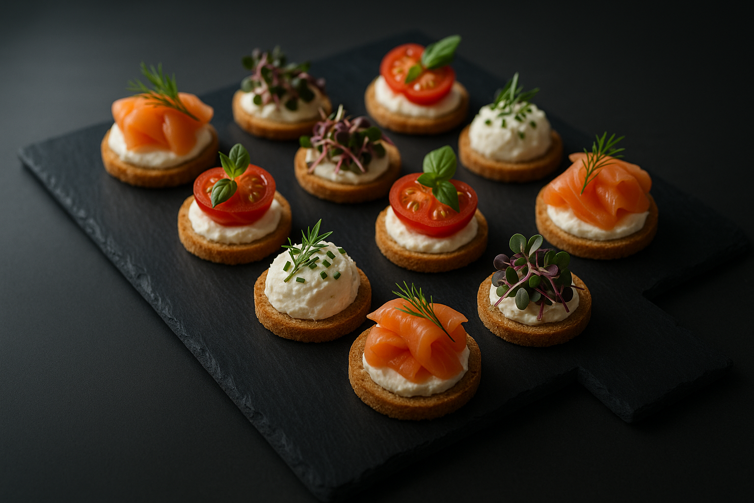 Elegant platter of bite-sized canapés on slate boards, featuring artisanal ingredients, fresh herbs, styled with minimal modern catering aesthetic. add slight overlay for better text readability